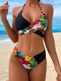 Women's Fashion Bikini Set, Flower Print, Cross-asymmetric Bikini In The Chest, Two-piece Set