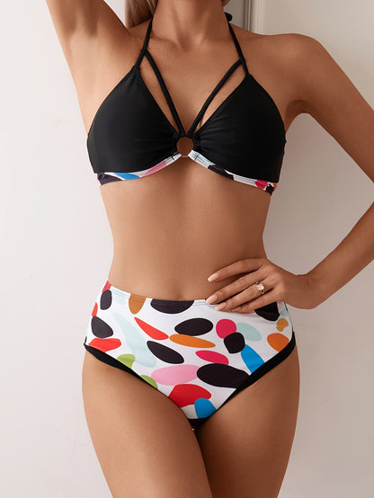 Women's Bikini Set, Sexy Round Ring Neck Tie, Random Print Swimsuit