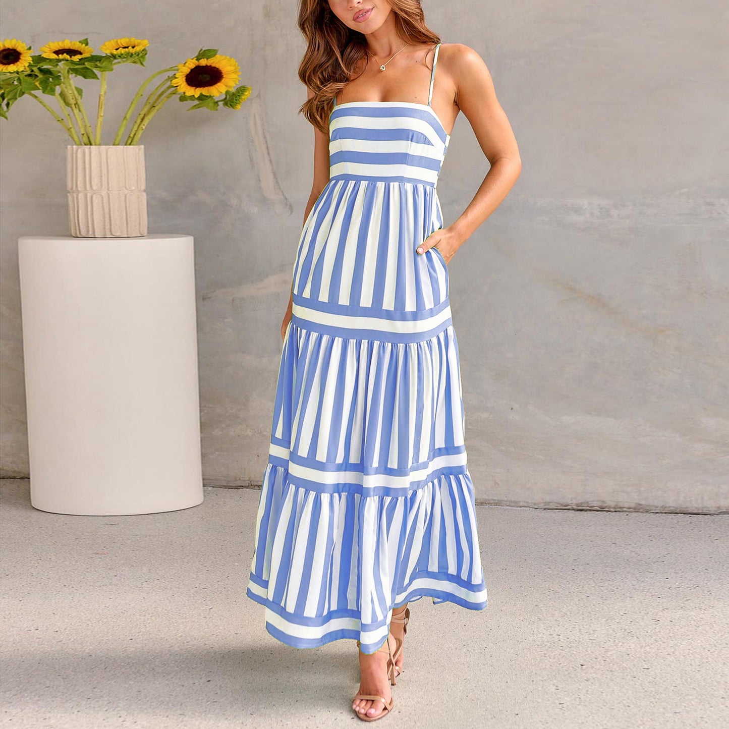Long Dress with Pockets Fashion Square Neck Backless Dresses for Beach Vacation