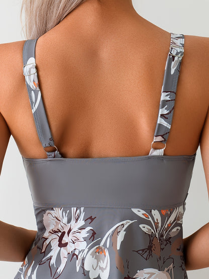Women's Tankini Suit, Skirt, Chest Cross Two-piece Set, Flower Print