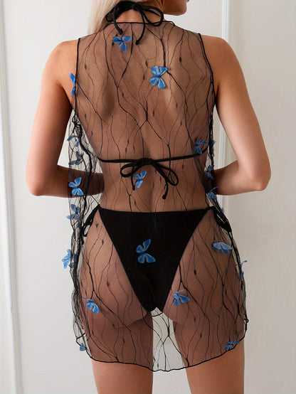 Bikini Set, Three-piece, Black, Butterfly Lace, Vacation Style