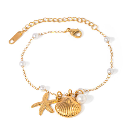 Stainless Steel Pearl Chain Summer Holiday Shell Starfish Pendant Bracelet