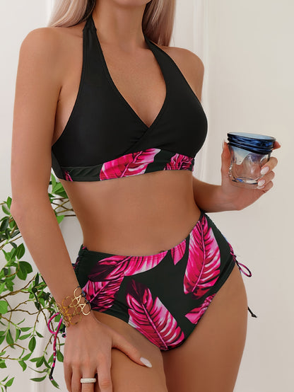Women's Fashion Bikini Set, Sexy Drawstring Solid Color Tropical Print Two-piece Swimsuit.