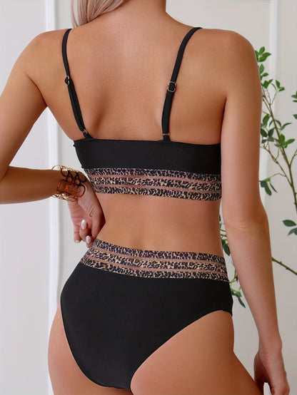 Eopard Print Mesh Contrast Band 2 Piece Set Bikini, Black Scoop Neck High Strech Swimsuit