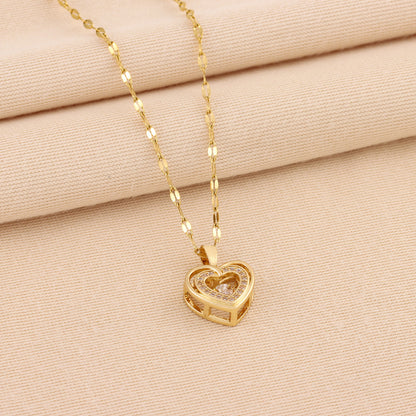 Double-layer Love Necklace with Rhinestones Titanium Steel Pendant Fashion Jewelry