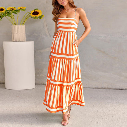 Long Dress with Pockets Fashion Square Neck Backless Dresses for Beach Vacation