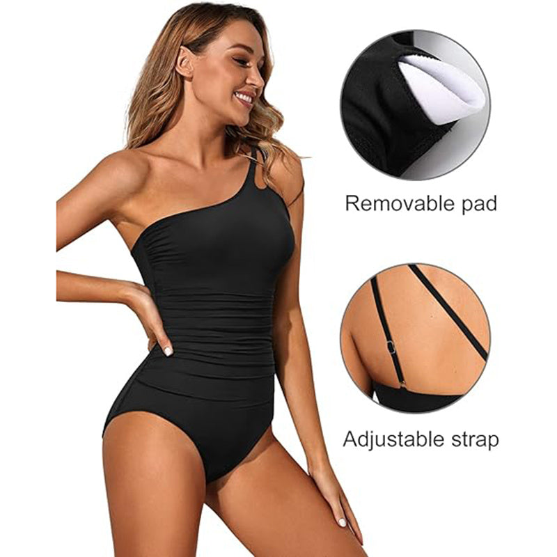 Women's Tummy Control One Piece Swimsuit, One Shoulder Full Coverage Bathing Suit
