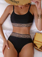 Eopard Print Mesh Contrast Band 2 Piece Set Bikini, Black Scoop Neck High Strech Swimsuit