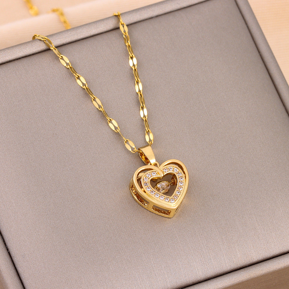 Double-layer Love Necklace with Rhinestones Titanium Steel Pendant Fashion Jewelry