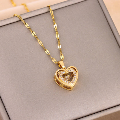 Double-layer Love Necklace with Rhinestones Titanium Steel Pendant Fashion Jewelry