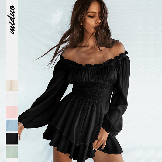 Off-neck Pleated Ruffled Stitching Long Sleeve Casual Jumpsuit
