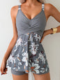 Women's Tankini Suit, Skirt, Chest Cross Two-piece Set, Flower Print