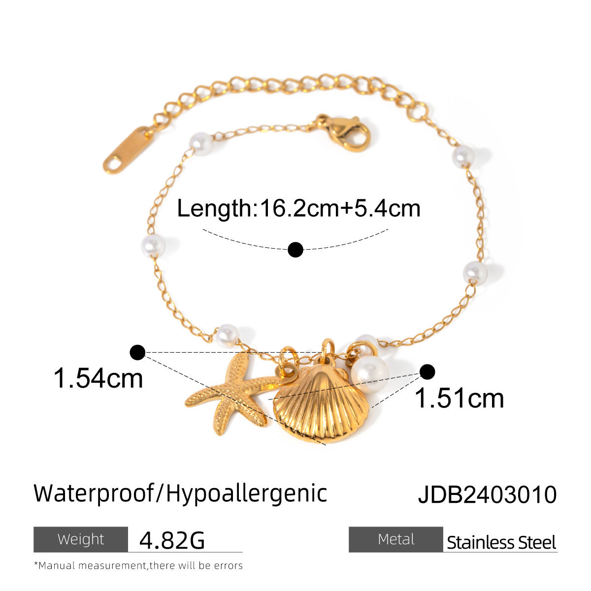 Stainless Steel Pearl Chain Summer Holiday Shell Starfish Pendant Bracelet