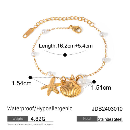 Stainless Steel Pearl Chain Summer Holiday Shell Starfish Pendant Bracelet